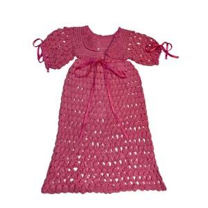 Pink Handcrafted Crochet Lace Ribbon Bow Button Christening Gown Formal Dress